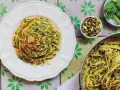 Pyszne Pesto Pasta przepis na talerzu i w garnku, z pistacjami i bazylią.