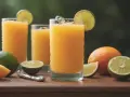Orzeźwiający drink z marakują kontra drink z mango. Orzeźwiające napoje z owocami cytrusowymi i lodem.