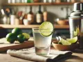 Przepis na drink kamikaze: kieliszek z drinkiem, limonki, shaker i deska do krojenia. Idealny na letnie wieczory.