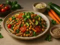 Kolorowy makaron penne z ciecierzycą, pomidorkami, cukinią i marchewką. Idealny przepis na Pasta Primavera.
