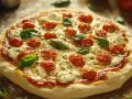 Pyszna Pizza Margherita przepis: świeże pomidorki, mozzarella, bazylia i sos pomidorowy na chrupiącym cieście.