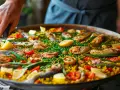Pyszna paella z owocami morza i rybą, gotowa do podania. Ten przepis na paellę zachwyci każdego!
