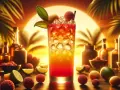 Kolorowy drink z liczi, otoczony owocami i butelkami, na tle zachodzącego słońca. Idealny na tropikalne drinki z liczi.