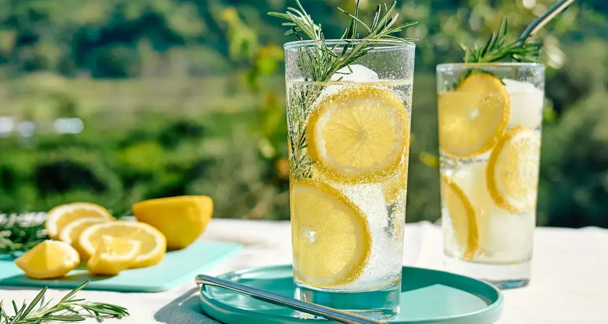 Orzeźwiający drink bezalkoholowy mocktail z cytryną i rozmarynem, obok klasycznego koktajlu. Idealny na upalne dni.