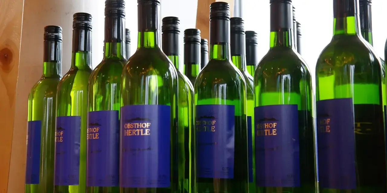 Rząd zielonych butelek białego wina Obsthof Hertle. Lepiej pić drinki czy białe wino? Wybór należy do Ciebie!