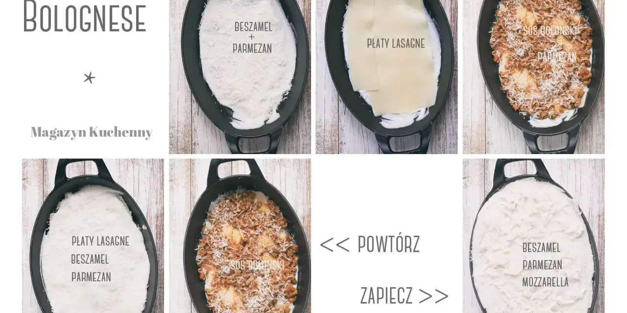 Przepis na lasagne bolognese: warstwy beszamelu, parmezanu, płatów lasagne i sosu bolońskiego. Powtórz i zapiecz.
