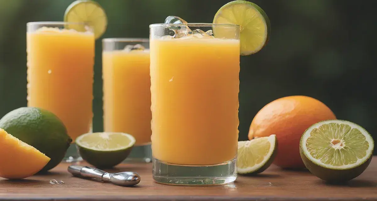 Orzeźwiający drink z marakują kontra drink z mango. Orzeźwiające napoje z owocami cytrusowymi i lodem.