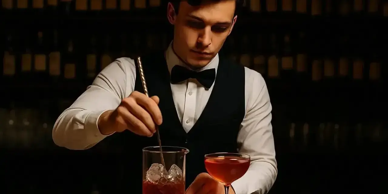 Barman miesza drinka, zastanawiając się, ile zarabia barman za granicą. W tle półki z butelkami.