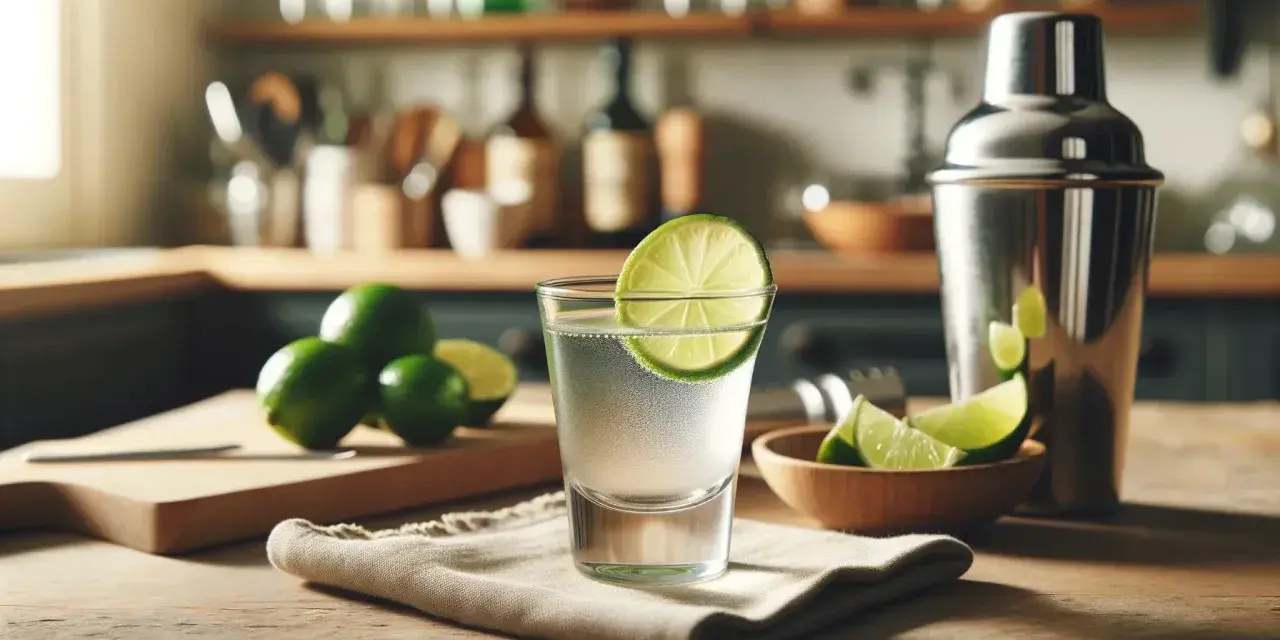 Przepis na drink kamikaze: kieliszek z drinkiem, limonki, shaker i deska do krojenia. Idealny na letnie wieczory.
