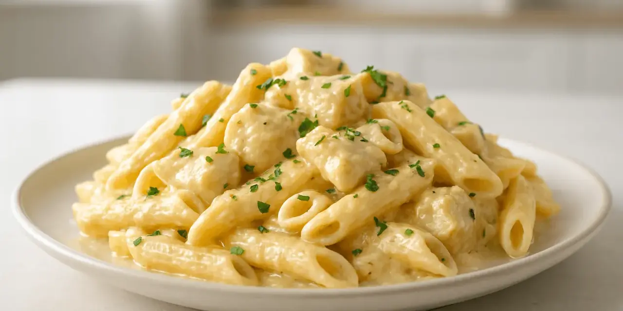 Penne z sosem serowym, posypane natką pietruszki, prezentują się apetycznie na białym talerzu.