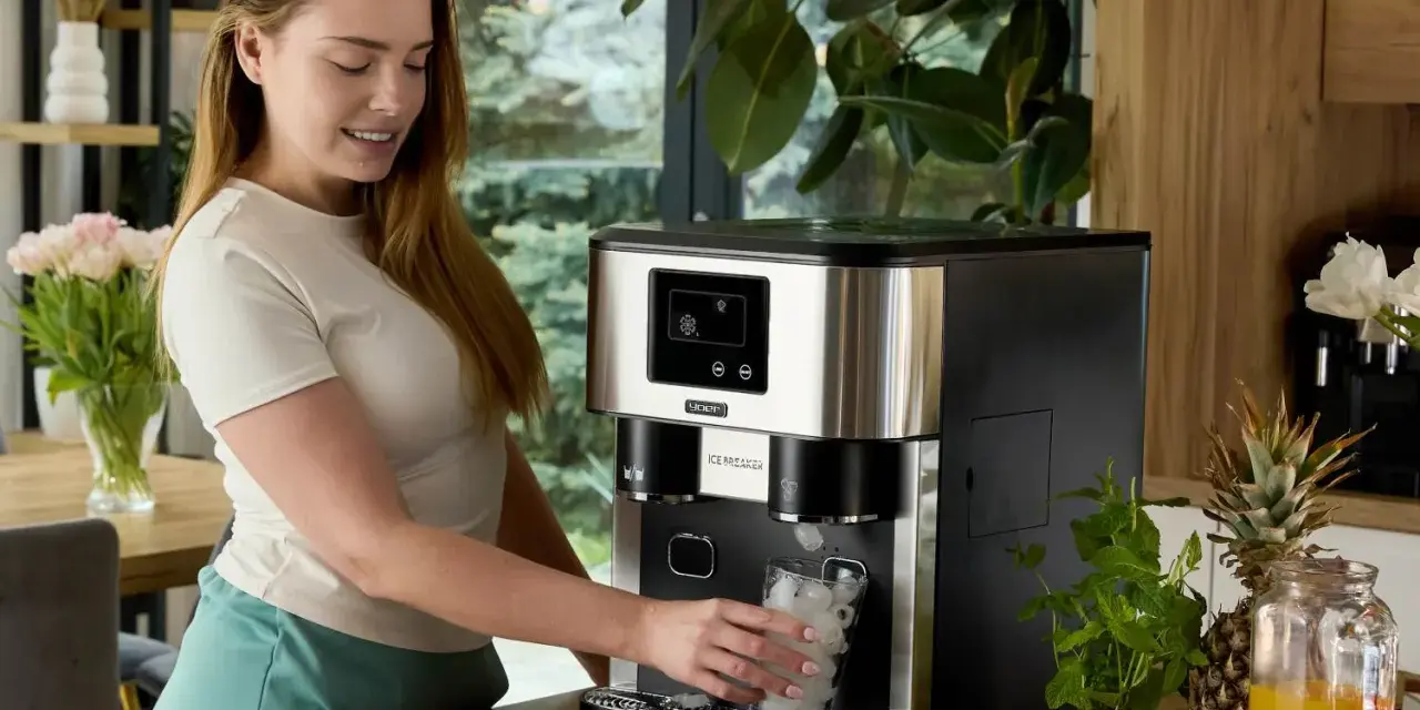 Kobieta nalewa do szklanki lód z kostek, przygotowując orzeźwiający drink. Maszyna do lodu oferuje wybór: drink z kruszonym lodem czy w kostkach.