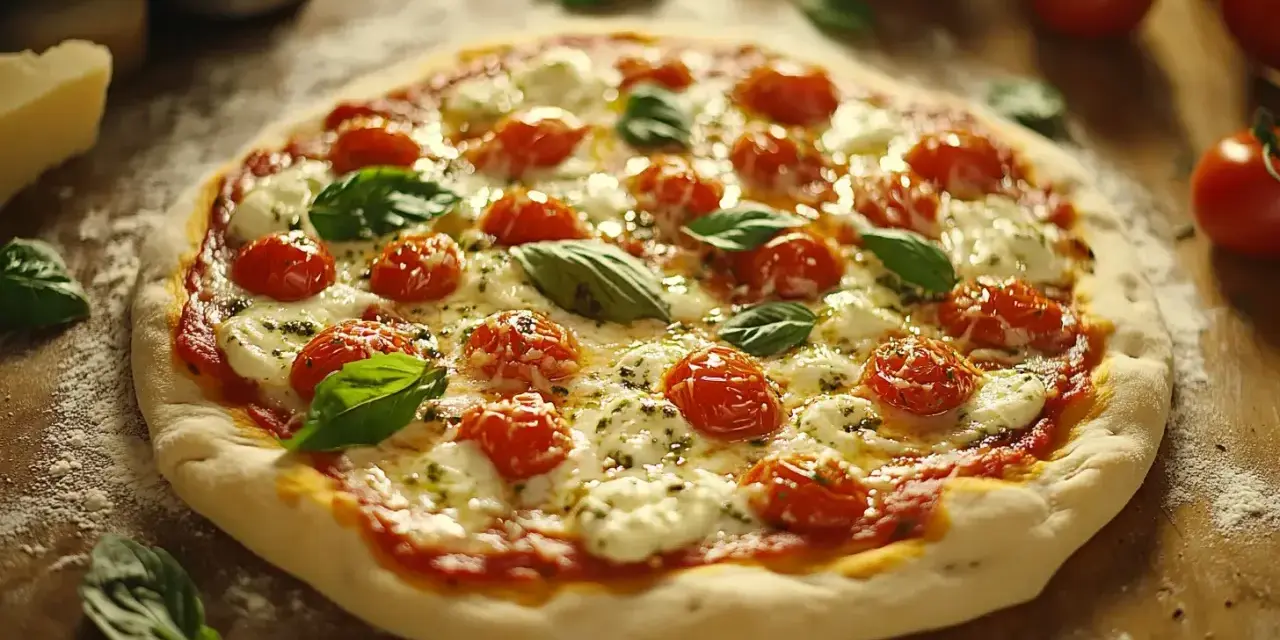 Pyszna Pizza Margherita przepis: świeże pomidorki, mozzarella, bazylia i sos pomidorowy na chrupiącym cieście.