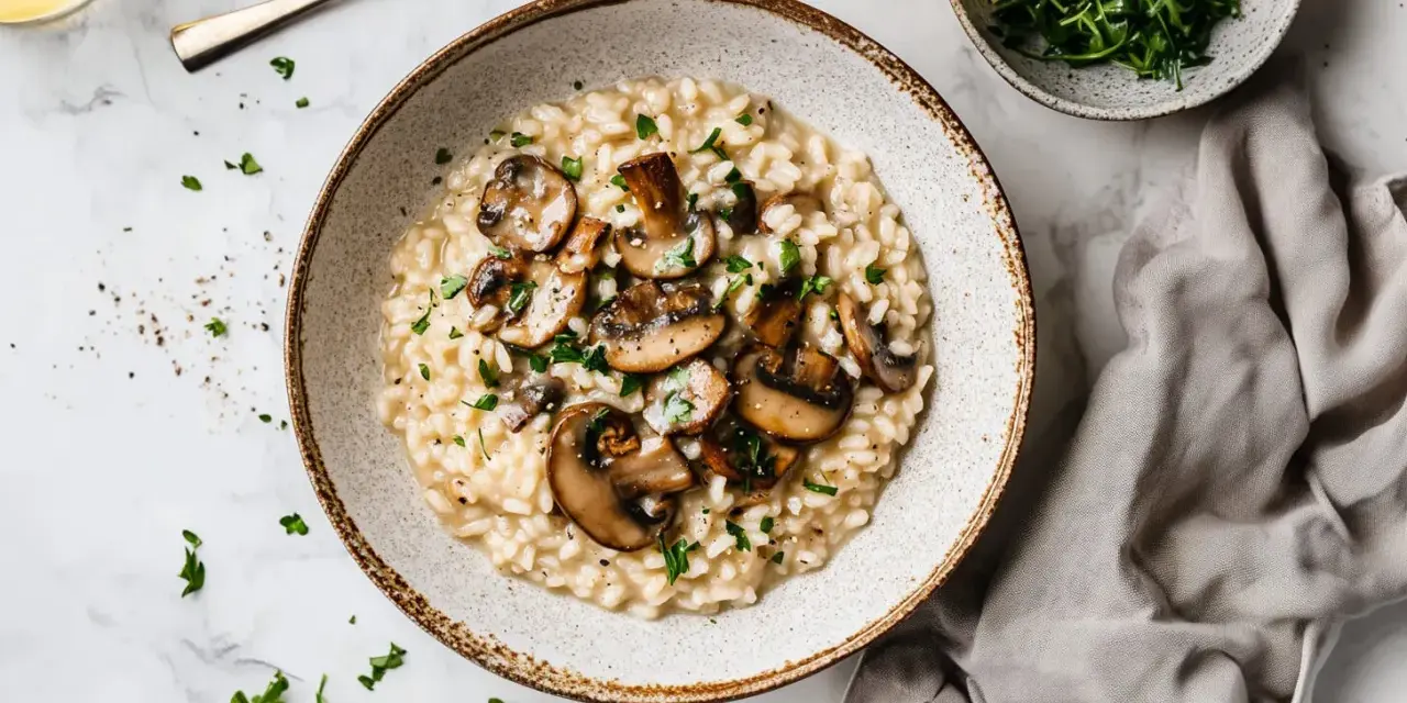 Kremowe risotto z grzybami, pachnące ziołami, czeka na Ciebie. Czy wolisz je od Paelli z owocami morza?
