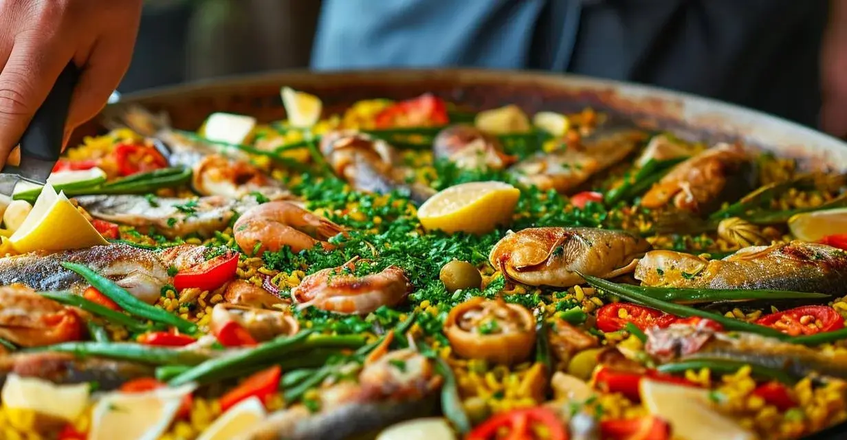 Pyszna paella z owocami morza i rybą, gotowa do podania. Ten przepis na paellę zachwyci każdego!