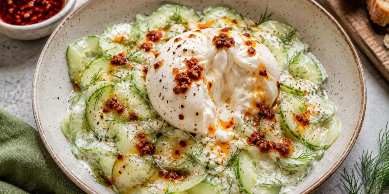 Kremowa burrata na mizerii z ogórków z koperkiem i pikantnym sosem. Idealne na lekki obiad.