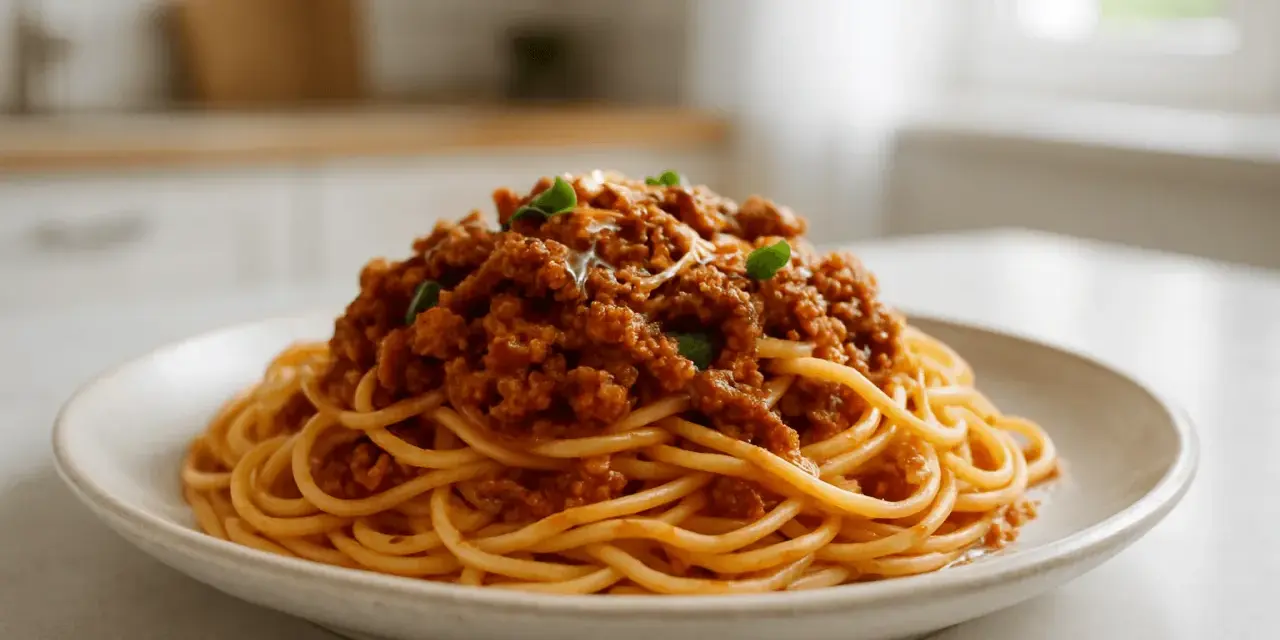 Pyszne Spaghetti Bolognese przepis na talerzu, z bogatym sosem mięsnym i świeżą bazylią. Idealne danie dla całej rodziny.