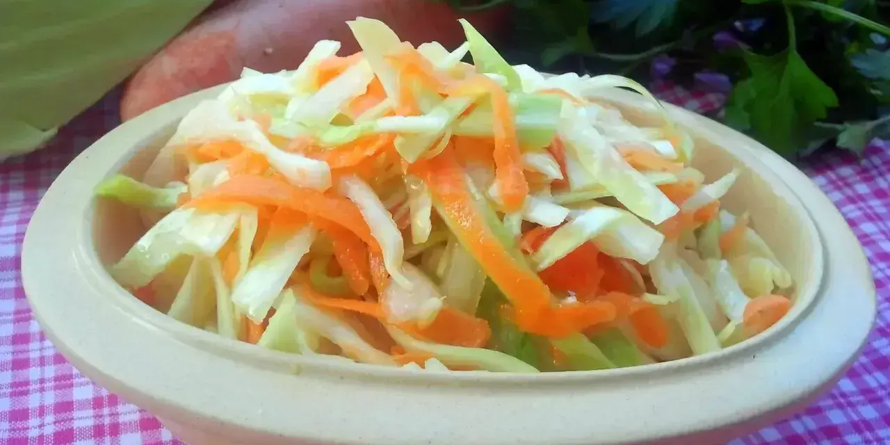 Świeża surówka z kapusty i marchewki, jak z chińskiej restauracji, w miseczce na kratkowanym obrusie.