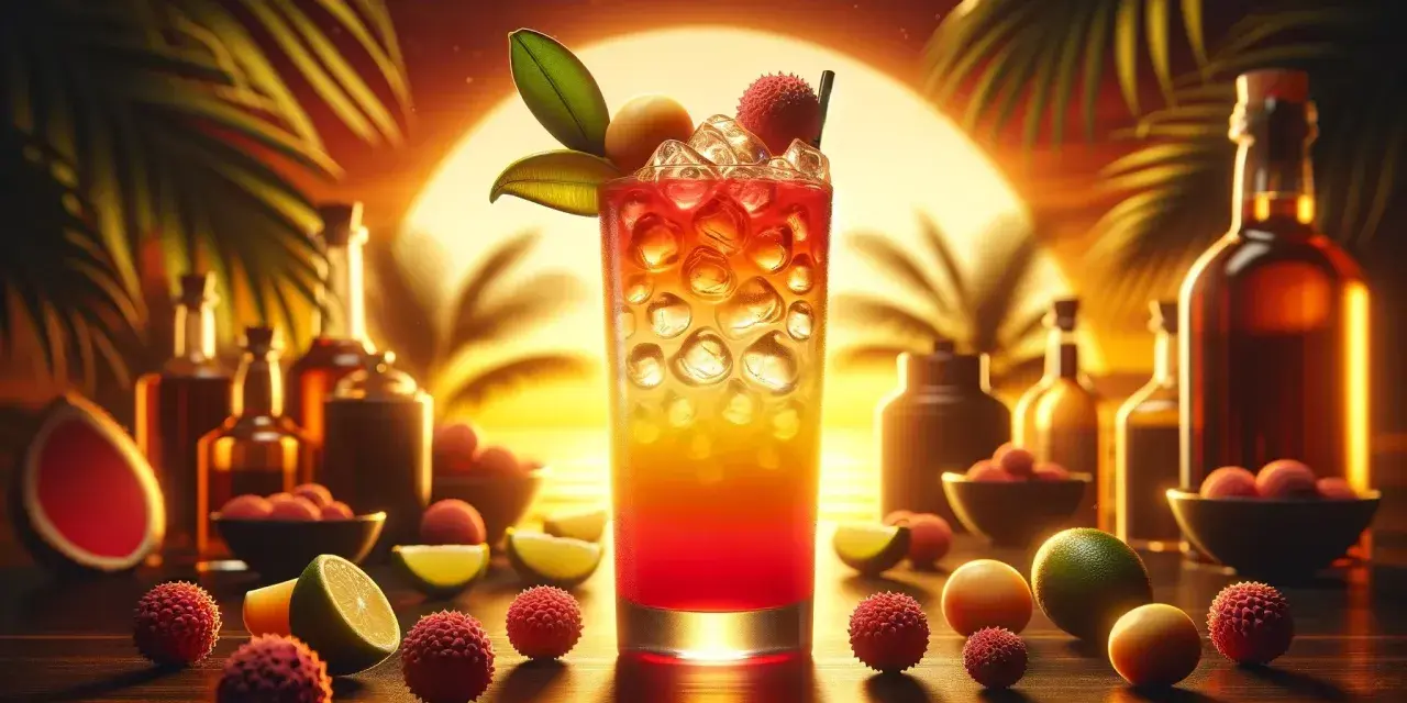 Kolorowy drink z liczi, otoczony owocami i butelkami, na tle zachodzącego słońca. Idealny na tropikalne drinki z liczi.