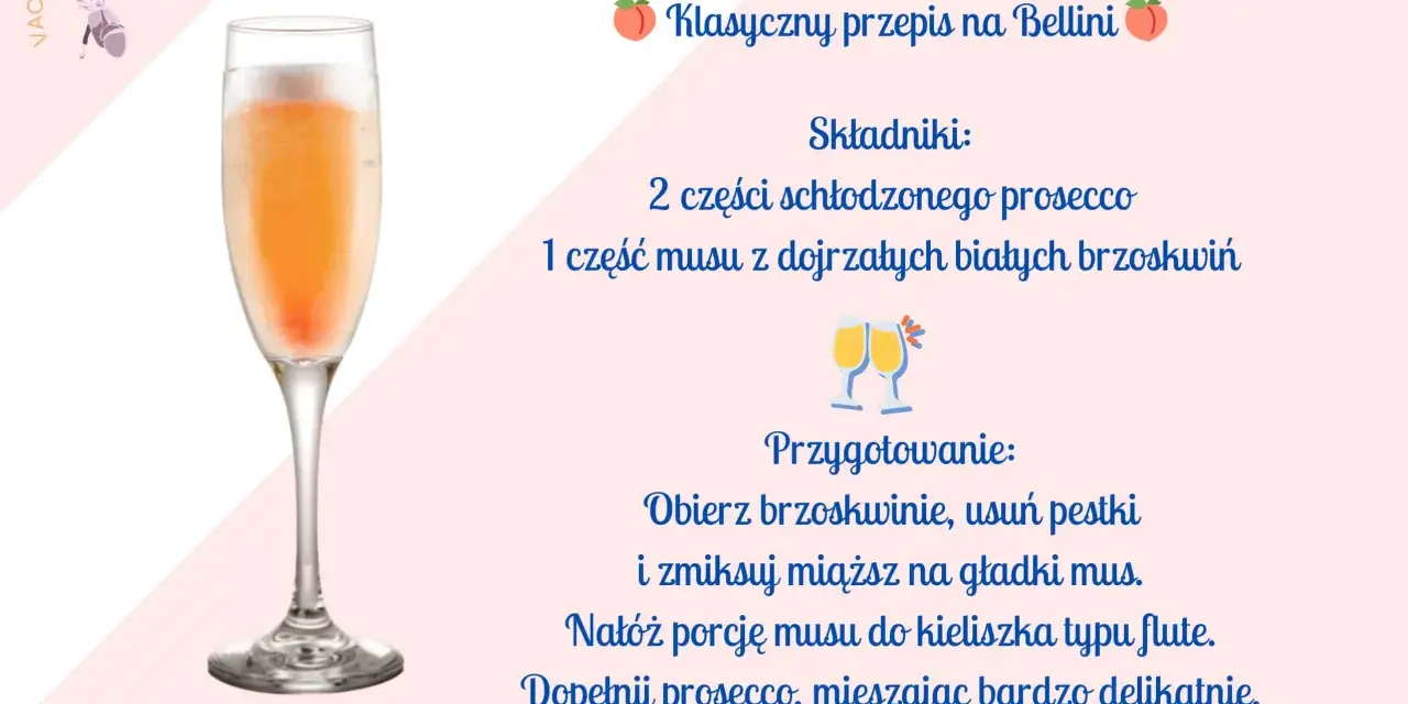 Klasyczny przepis na Bellini: schłodzone prosecco i mus z brzoskwiń w kieliszku flute. Idealny na letnie popołudnie.