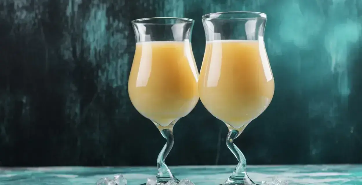 Dwa kieliszki z kremowym drinkiem z likieru bananowego, ozdobione kostkami lodu na turkusowym blacie.