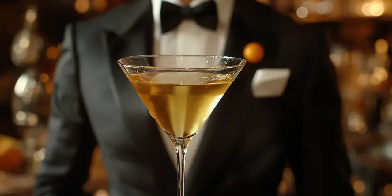 Elegancki mężczyzna w smokingu podaje idealnie zmieszane martini. Dowiedz się, jak zrobić martini, by poczuć się jak w najlepszym barze.