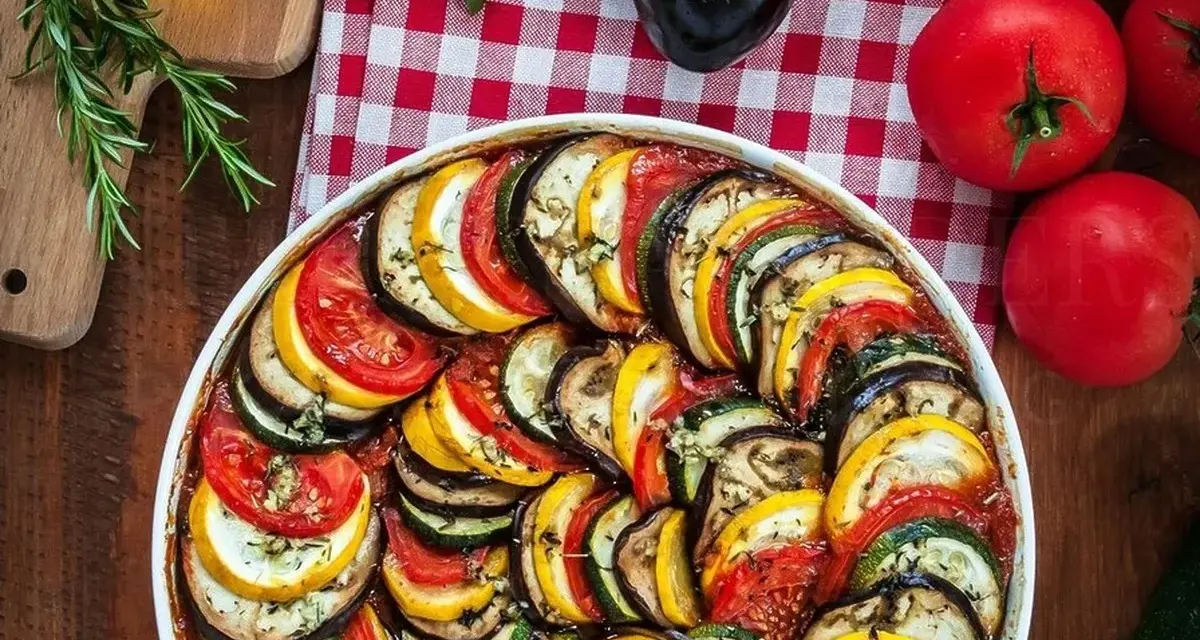 Kolorowy ratatouille przepis w naczyniu, ułożony z plastrów cukinii, bakłażana i pomidorów. Obok świeże warzywa i zioła.