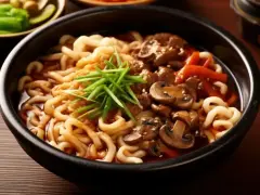 Miseczka z makaronem udon, grzybami, mięsem i szczypiorkiem. Czy to makaron udon mrożony czy suszony, smakuje wyśmienicie!