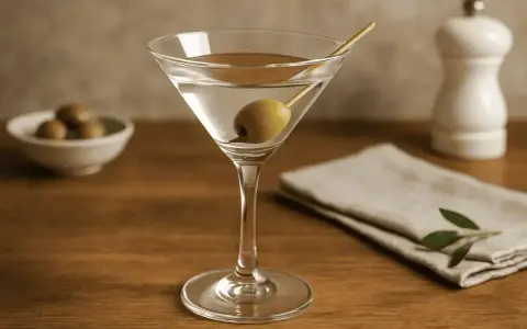 Klasyczny dry martini przepis: schłodzony gin, odrobina wytrawnego wermutu i oliwka. Idealny drink na każdą okazję.