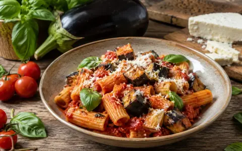 Pyszne danie z makaronu rigatoni z bakłażanem, pomidorami i bazylią. Idealne na Pasta alla Norma przepis.