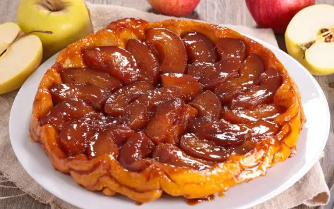 Owoce pod kruszonką, czyli pyszna tarta tatin z karmelizowanymi jabłkami i chrupiącym ciastem.