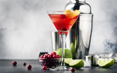 Elegancki cosmopolitan drink, gdzie zamiast żurawiny użyto świeżych owoców. Obok kieliszka stoją limonki i shaker.