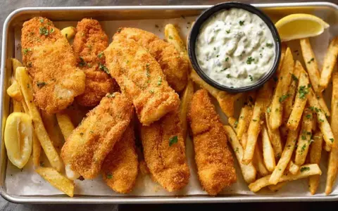 Idealny Fish and Chips przepis: chrupiące ryby w panierce, złociste frytki, sos tatarski i cytryna na tacy.