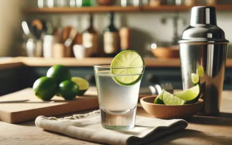 Przepis na drink kamikaze: kieliszek z drinkiem, limonki, shaker i deska do krojenia. Idealny na letnie wieczory.