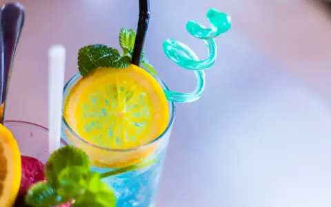 Orzeźwiający drink z sokiem żurawinowym, ozdobiony plasterkiem cytryny i listkami mięty. Idealny na upalne dni.