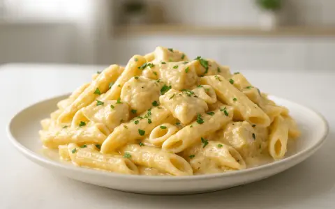 Penne z sosem serowym, posypane natką pietruszki, prezentują się apetycznie na białym talerzu.