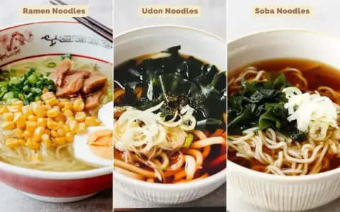 Trzy miski z japońskim makaronem: ramen, udon i soba. Wybierz między gryczanym makaronem soba a pszennym somen.