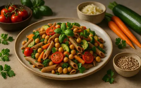 Kolorowy makaron penne z ciecierzycą, pomidorkami, cukinią i marchewką. Idealny przepis na Pasta Primavera.