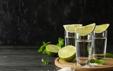 Trzy kieliszki z drinkiem z mezcalem lub tequilą, ozdobione ćwiartkami limonki i miętą, na tle czarnej ściany.