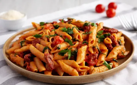 Penne z sosem pomidorowym, suszonymi pomidorami i natką pietruszki. Czy to fusilli czy penne, smakuje wybornie!