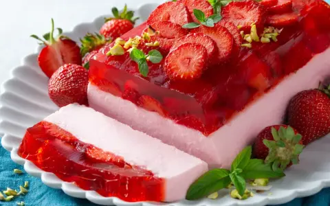 Truskawkowy deser z galaretką i pianką to idealna propozycja, co na deser zamiast ciasta. Świeże owoce i pistacje dodają mu uroku.