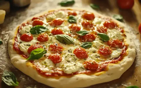 Pyszna Pizza Margherita przepis: świeże pomidorki, mozzarella, bazylia i sos pomidorowy na chrupiącym cieście.