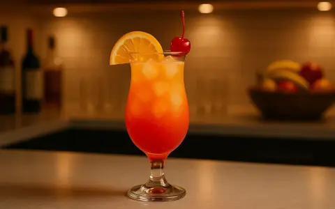 Kolorowy drink Sex on the Beach przepis, ozdobiony plasterkiem pomarańczy i wisienką. Idealny na letnie wieczory.