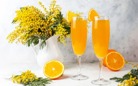 Dwa kieliszki z pomarańczowym napojem, ozdobione plasterkami pomarańczy. Obok bukiet mimozy i połówka pomarańczy. Idealne na wiosenny mimoza drink przepis.