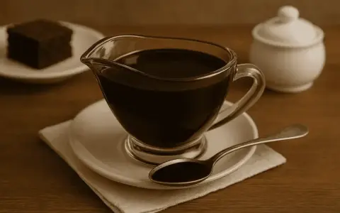 Pyszny, domowy sos czekoladowy z kakao. Idealny do ciasta brownie, które widać na talerzyku obok.