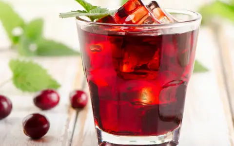 Orzeźwiający drink z żurawiną, lodem i listkiem mięty, otoczony kilkoma owocami żurawiny na drewnianym tle.