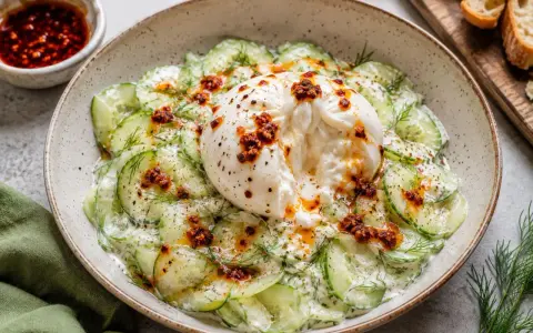 Kremowa burrata na mizerii z ogórków z koperkiem i pikantnym sosem. Idealne na lekki obiad.