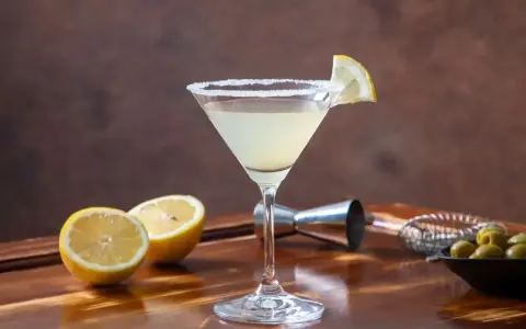 Orzeźwiający martini ze spritem, ozdobiony plasterkiem cytryny i obsypany solą. Obok leżą połówki cytryny i oliwki.