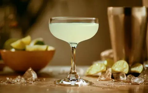 Orzeźwiający daiquiri, idealny na upalne dni. W tle miska z limonkami i kostki lodu.