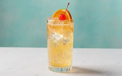 Orzeźwiający John Collins drink z lodem, plasterkiem pomarańczy i wisienką na tle turkusowej ściany.