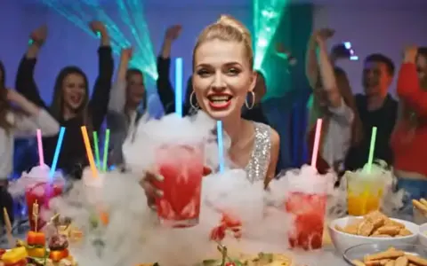 Dymiący drink przepis na imprezę. Kobieta z drinkiem w dymie, ludzie tańczą w tle.